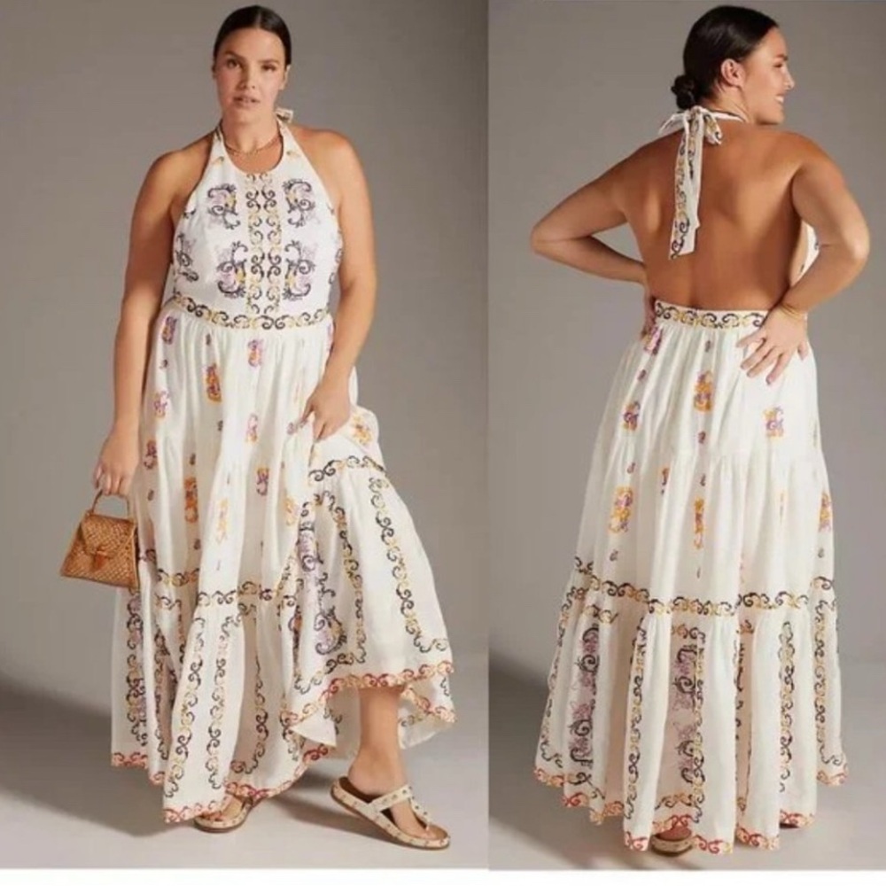 Anthropologie embroidered Elegant White Halter Maxi Dress.